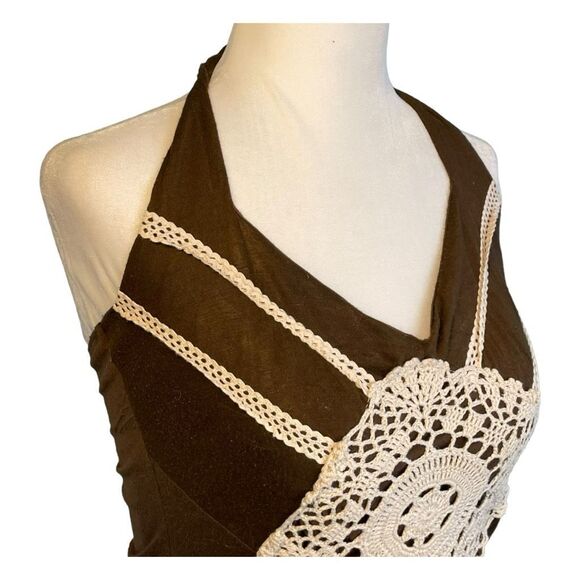 Lily White Crochet Embellished Tank Top Brown Cream Knit Halter Sleeveless M - Picture 2 of 6